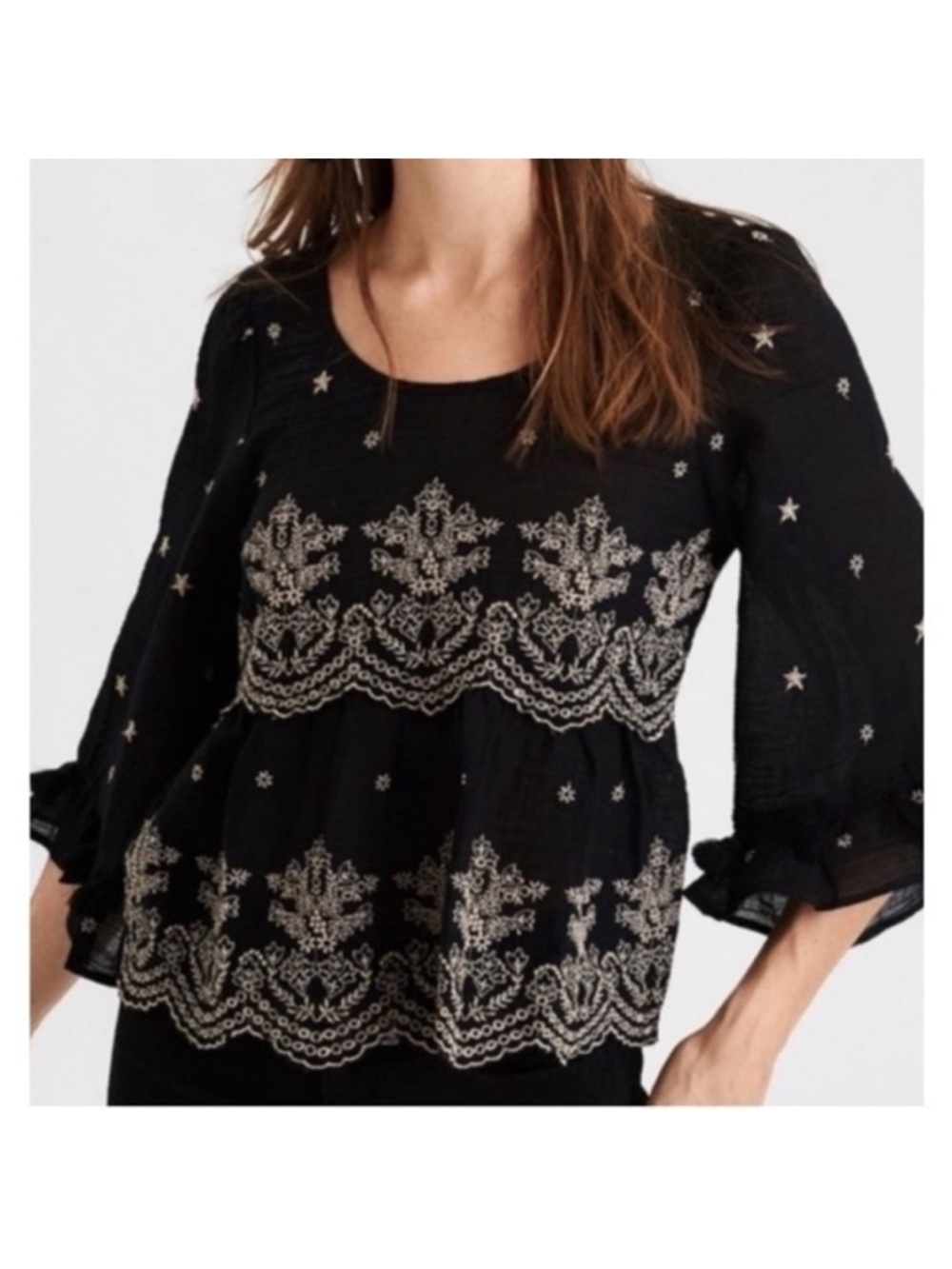 AE BOHO BLACK SHEER EMBROIDERED BABYDOLL PEASANT TOP LACY Y2K STYLE FAIRY TOP XS